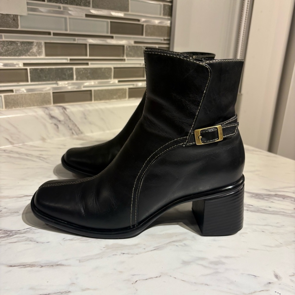 Clarks Black Leather Ankle Booties with Gold Buckle